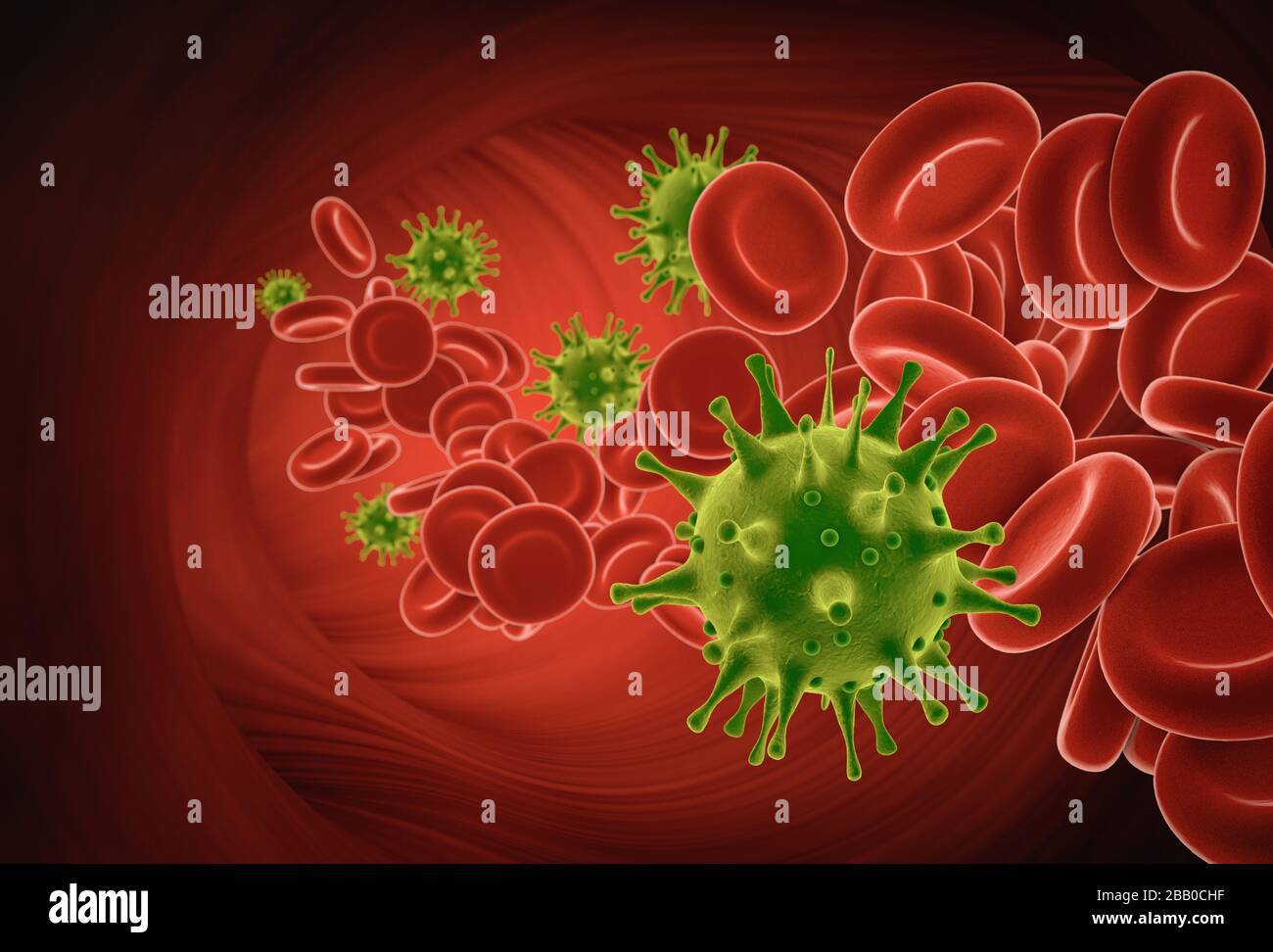 COVID-19 viruses moving with red blood cells inside vein as 3d render. Coronavirus influenza background. Pandemic medical health risk concept. Stock Photo