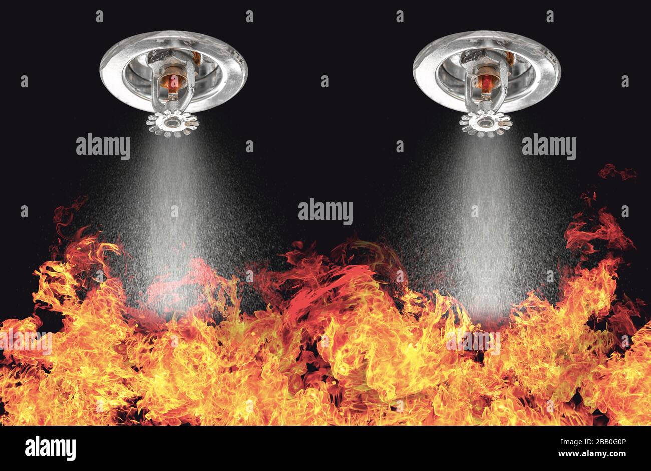 Image of Fire Sprinklers Spraying with fire background. Fire sprinklers