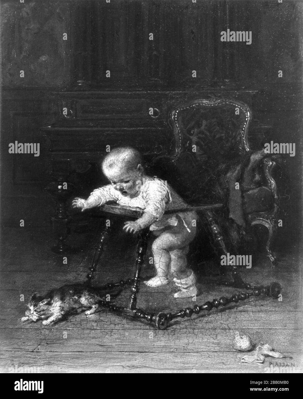 Disappointment English A Red Haired Infant Boy Enclosed In A Wheeled Wooden Walker Angrily Pursues A Cat Across The Floor In The Right Foreground Lies An Apple And One Of The Child S Stockings