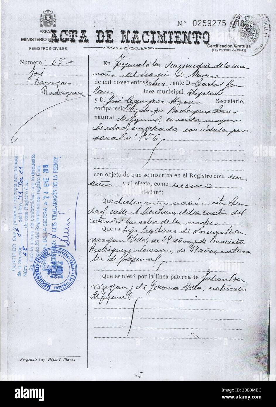 Español: Acta de nacimiento de José Barragán Rodríguez. Sección I del Registro  Civil de Fregenal de la Sierra (Badajoz). Lib. 41. Fol. 11. N.º 68. p.  1/2.; 24 January 2019; Registro Civil