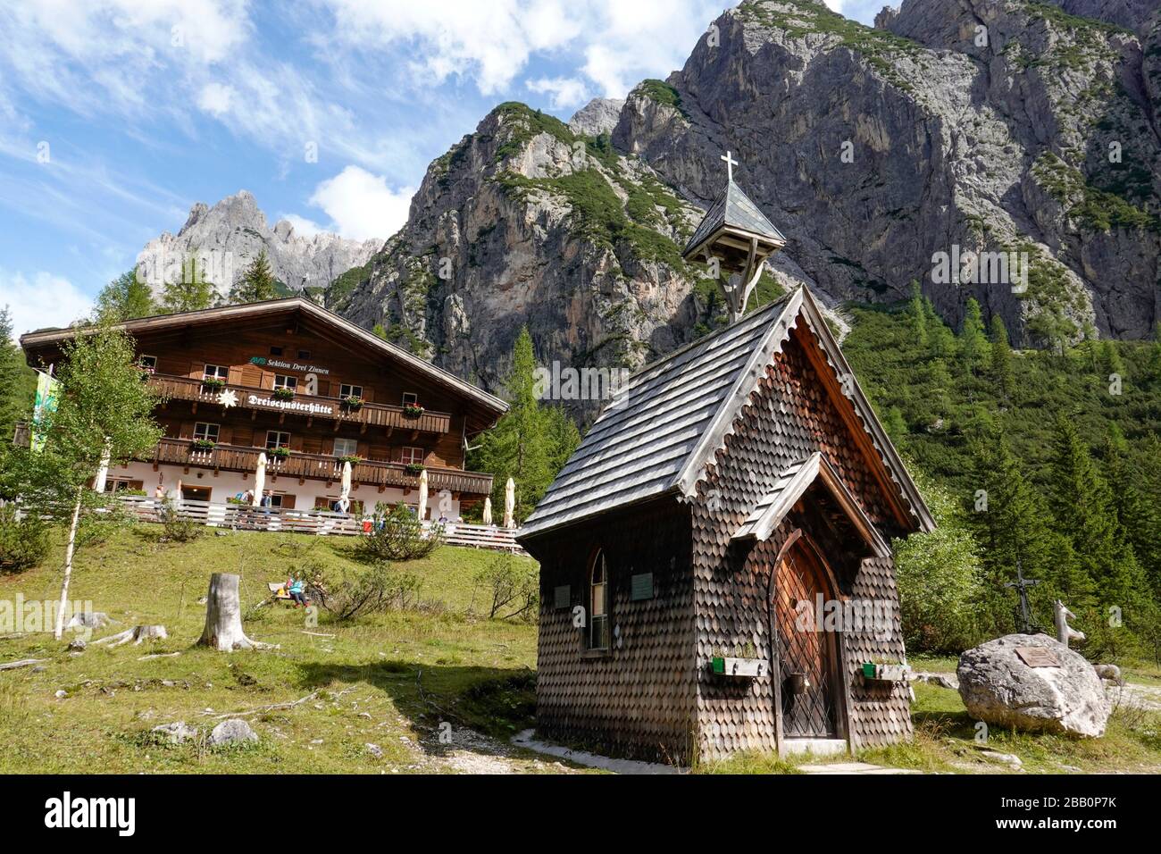 Drei Schuster Hutte in the Dolomites, Italy. Stock Photo