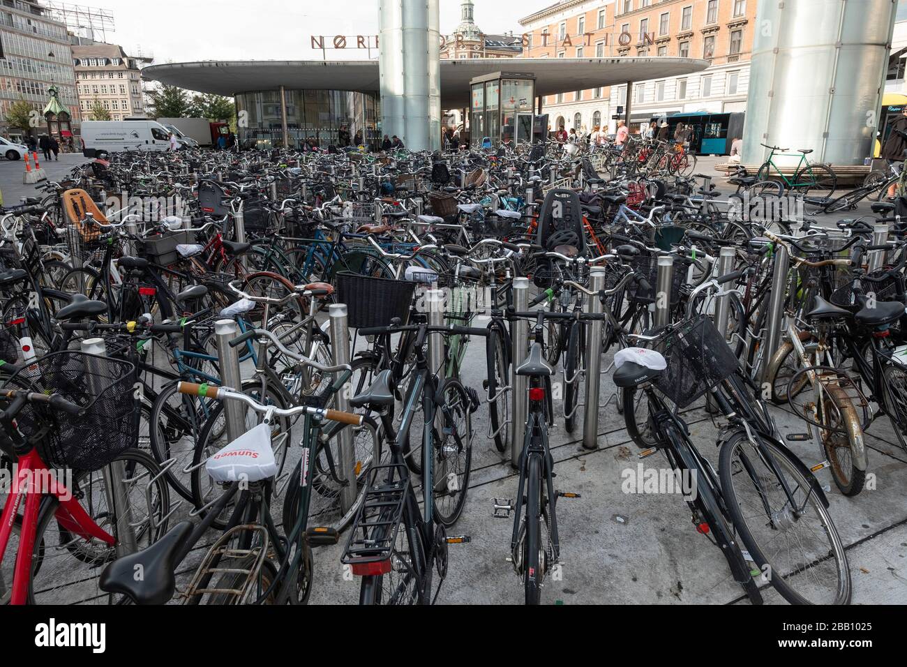 Bicycle parking outside the Nørreport Station S-train, metro and main line railway station in Copenhagen, Denmark, Europe Stock Photo