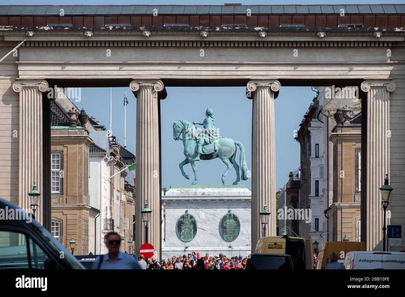 Equestrian statue of King Frederick V of Denmark in the center of Amalienborg Square, Amalienborg Palace, Copenhagen, Denmark, Europe Stock Photo