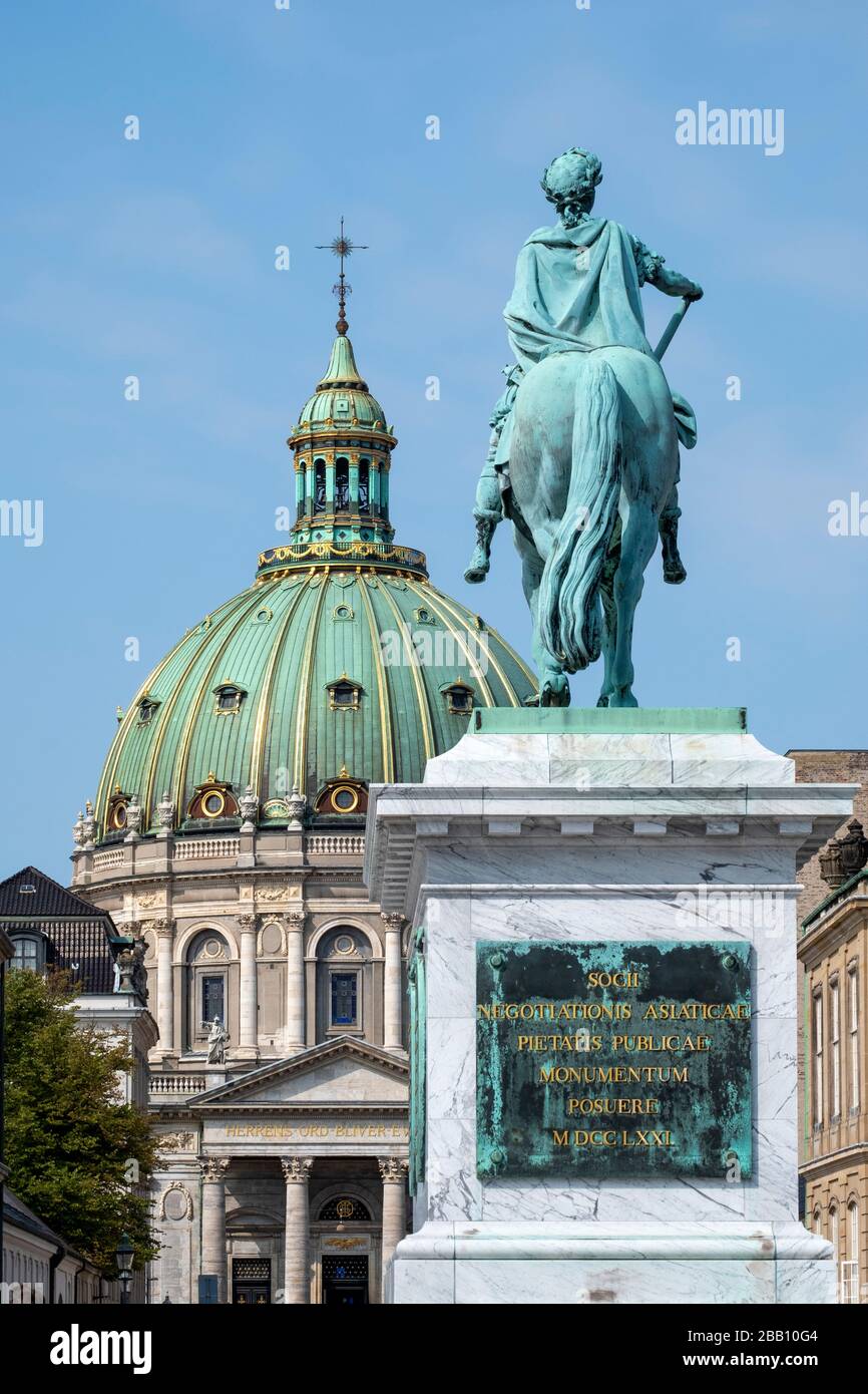 Equestrian statue of King Frederick V of Denmark with the Frederik's church in the background, Copenhagen, Denmark, Europe Stock Photo