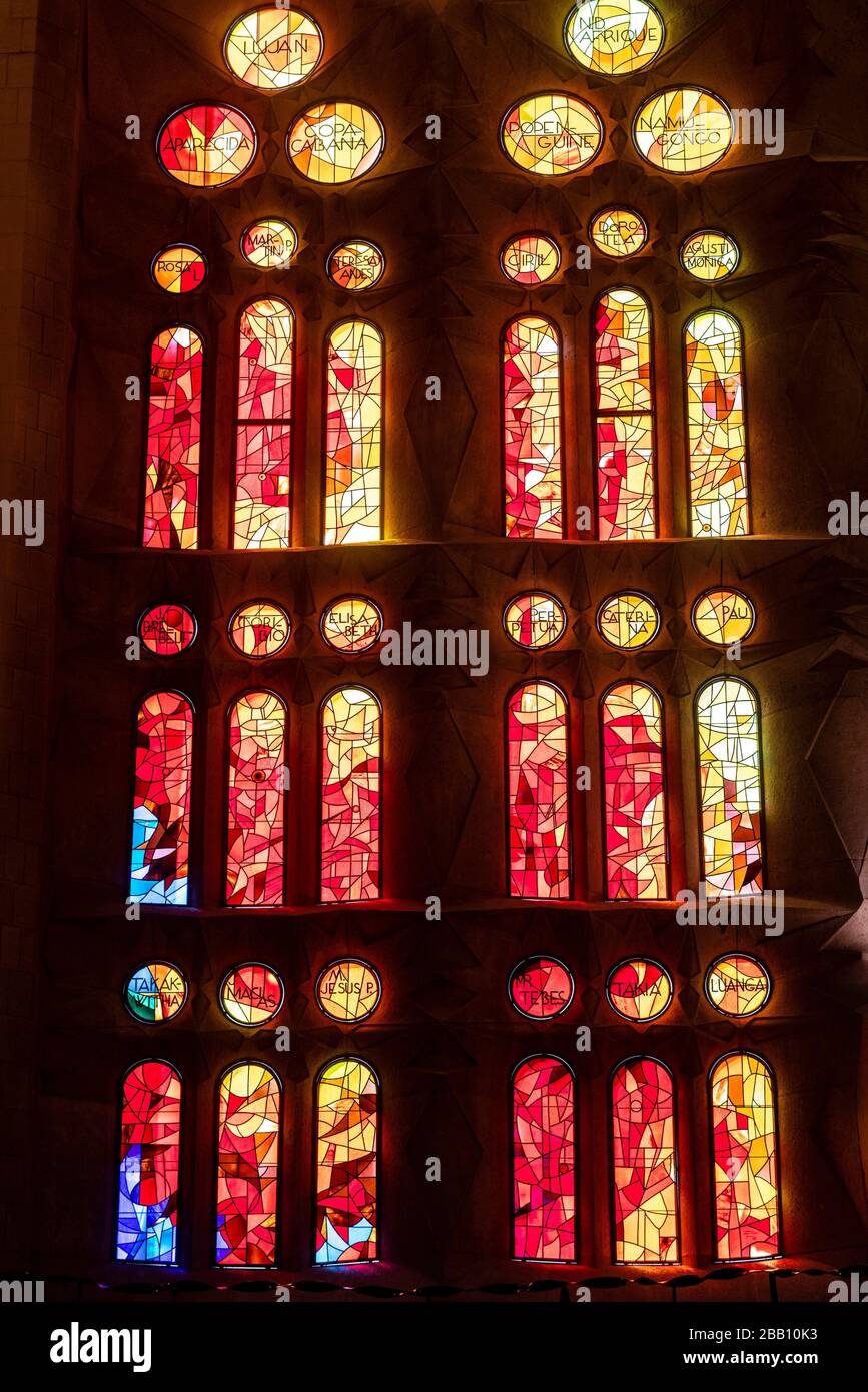 Basilica of La Sagrada Familia, Interior of basilica, Barcelona, Catalonia, Spain. Stock Photo