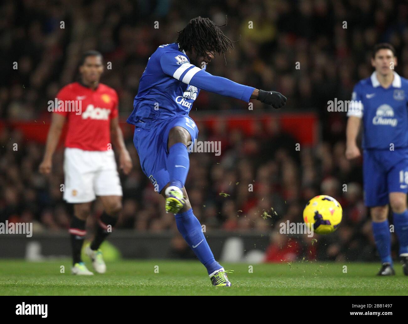 Everton's Romelu Lukaku has a shot on goal Stock Photo
