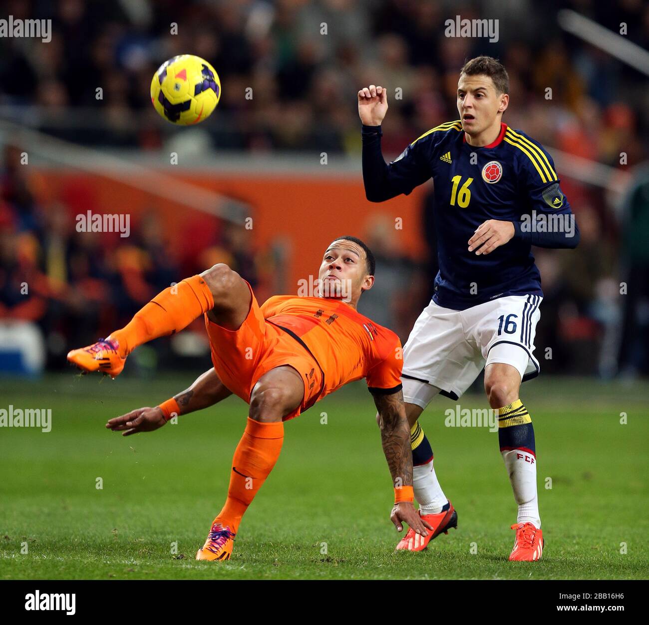 Netherlands' Memphis Depay and Colombia's Santiago Arias Stock Photo