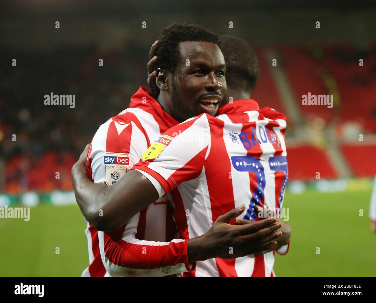 Stoke City S Mame Biram Diouf Left Celebrates Scoring His Side S Second Goal Of The Game Against Wigan Athletic With Team Mate Badou Ndiaye During The Sky Bet Championship At The Bet365 Stadium