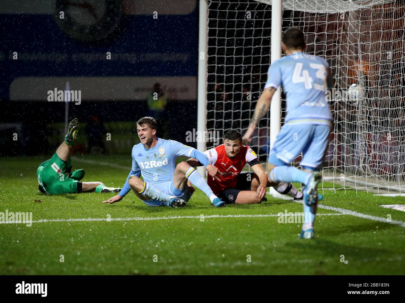 Leeds United's Patrick Bamford reacts after forcing an own goal by Luton Town's Matty Pearson during the Sky Bet Championship match at Kenilworth Road, Luton Stock Photo