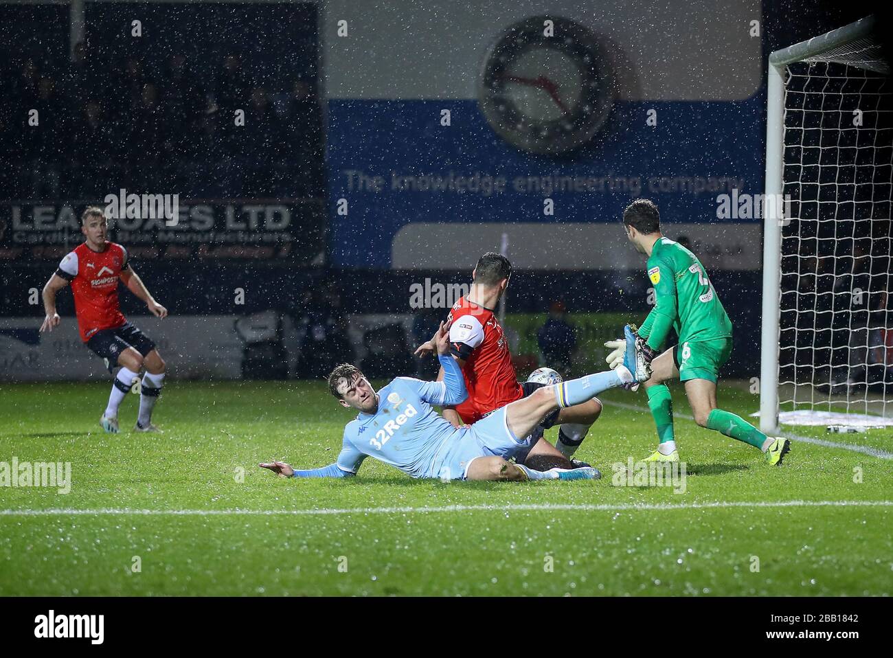 Leeds United's Patrick Bamford forces an own goal by Luton Town's Matty Pearson during the Sky Bet Championship match at Kenilworth Road, Luton Stock Photo