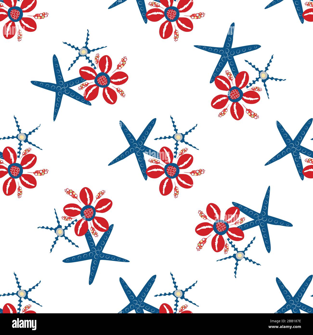 Starfish and cowrie shell seamless vector pattern background. Hand drawn marine creature red blue white backdrop. Ocean wildlife illustration. All Stock Vector