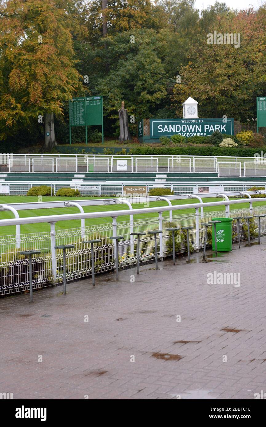 General view of Sandown Park Racecourse signage Stock Photo Alamy