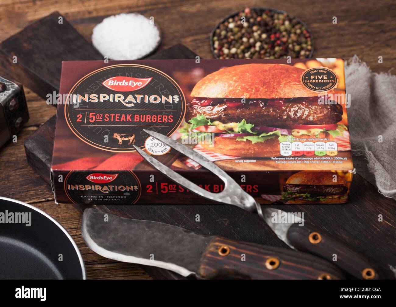 LONDON, UK APRIL 01, 2020 Box of Birds eye frozen steak burgers with