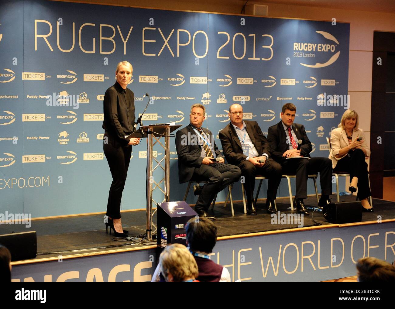 Moderator Sonja McLaughlan hosts the Plenary session on Business Opportunities from the RWC 2015 with Andrew Geary of Milton Keynes Council , Mick Hogan of MMG Sport, Dan Jones of Deloitte and Debbie Jevans of England Rugby 2015 during day one of the Rugby Expo 2013 at Twickenham Stadium Stock Photo