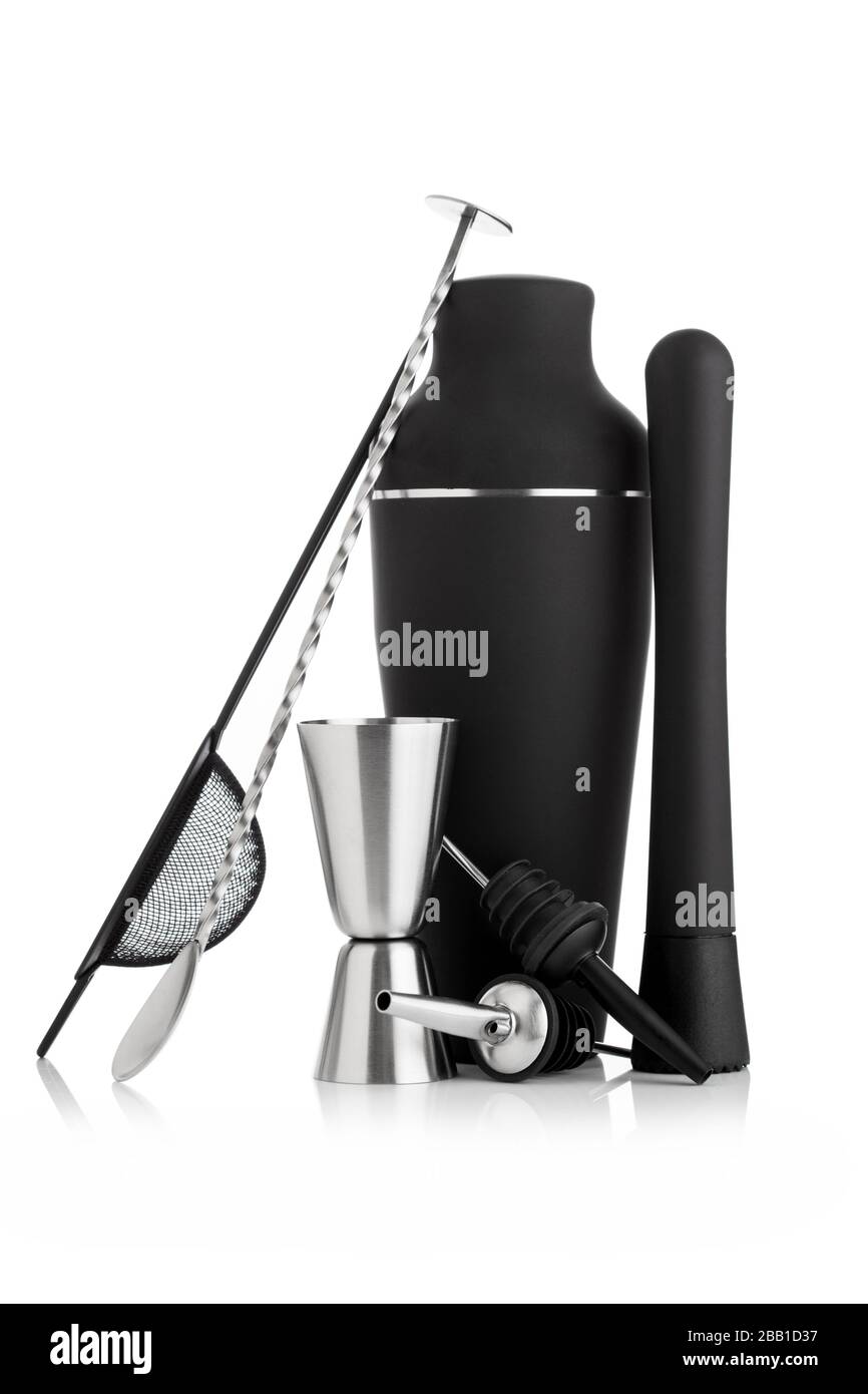 Cocktail set with black shaker and wooden muddler and measuring jigger