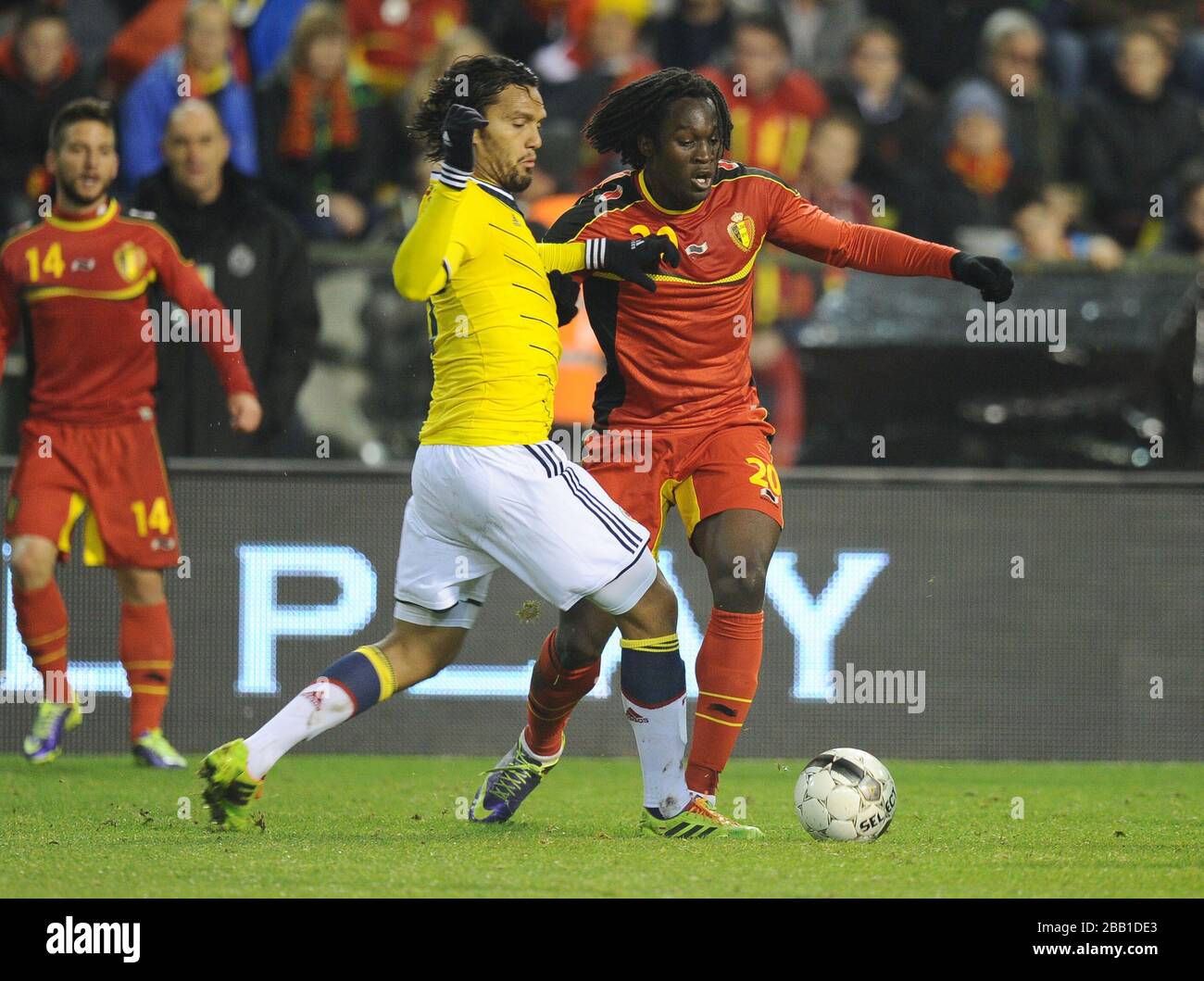 Belgium's Romelu Lukaku (right) and Colombia's Abel Aguilar battle for the ball Stock Photo