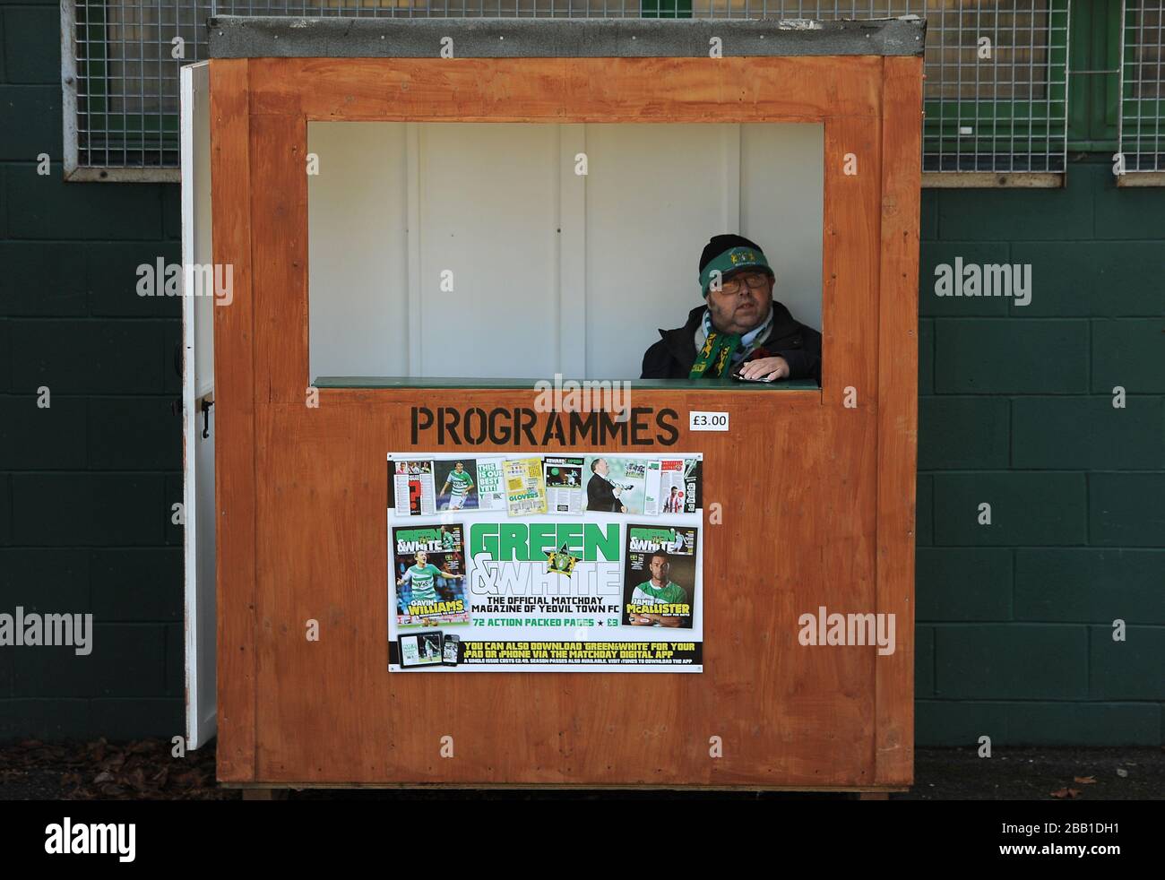 Programme Seller General view of a match day programme seller at Huish Park, home to ...