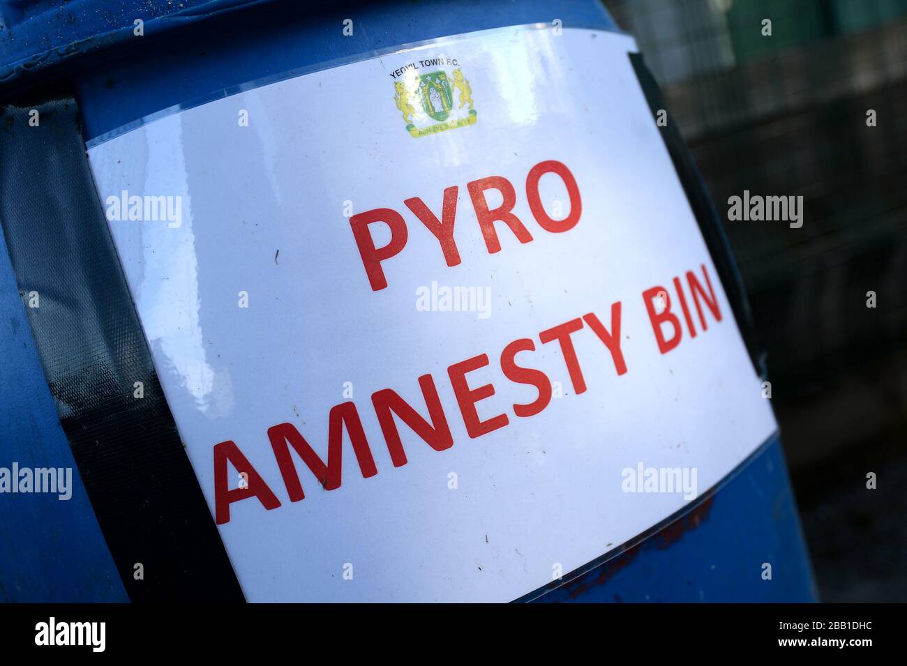 General view of a Pyrotechnic Amnesty Bin at Huish Park, home to Yeovil Town Stock Photo Alamy