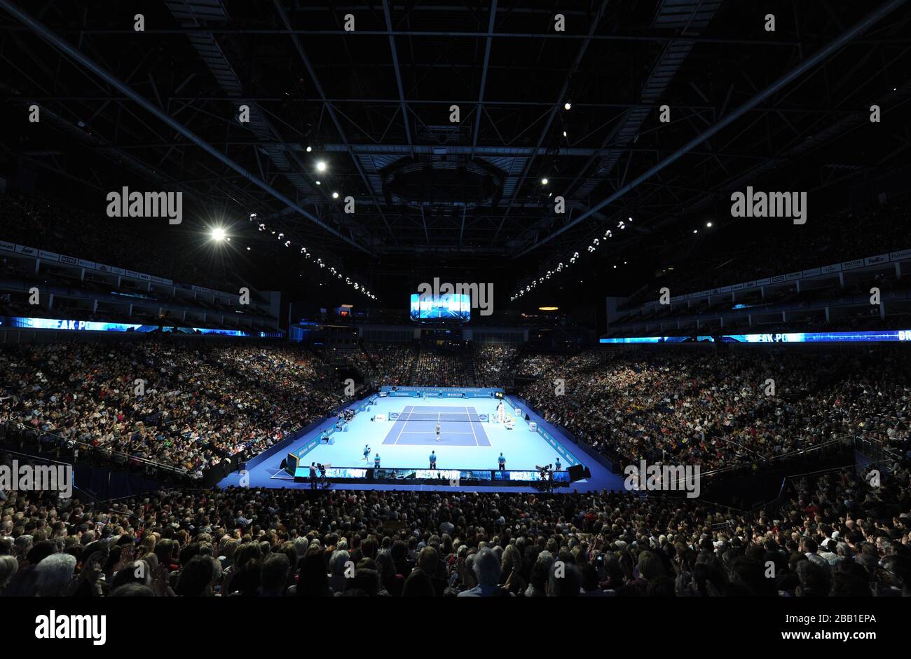 A general view of the O2 Arena during the match between Spain's David  Ferrer and Spain's Rafael Nadal at the ATP World Tour Finals at the O2 Arena,  London Stock Photo -