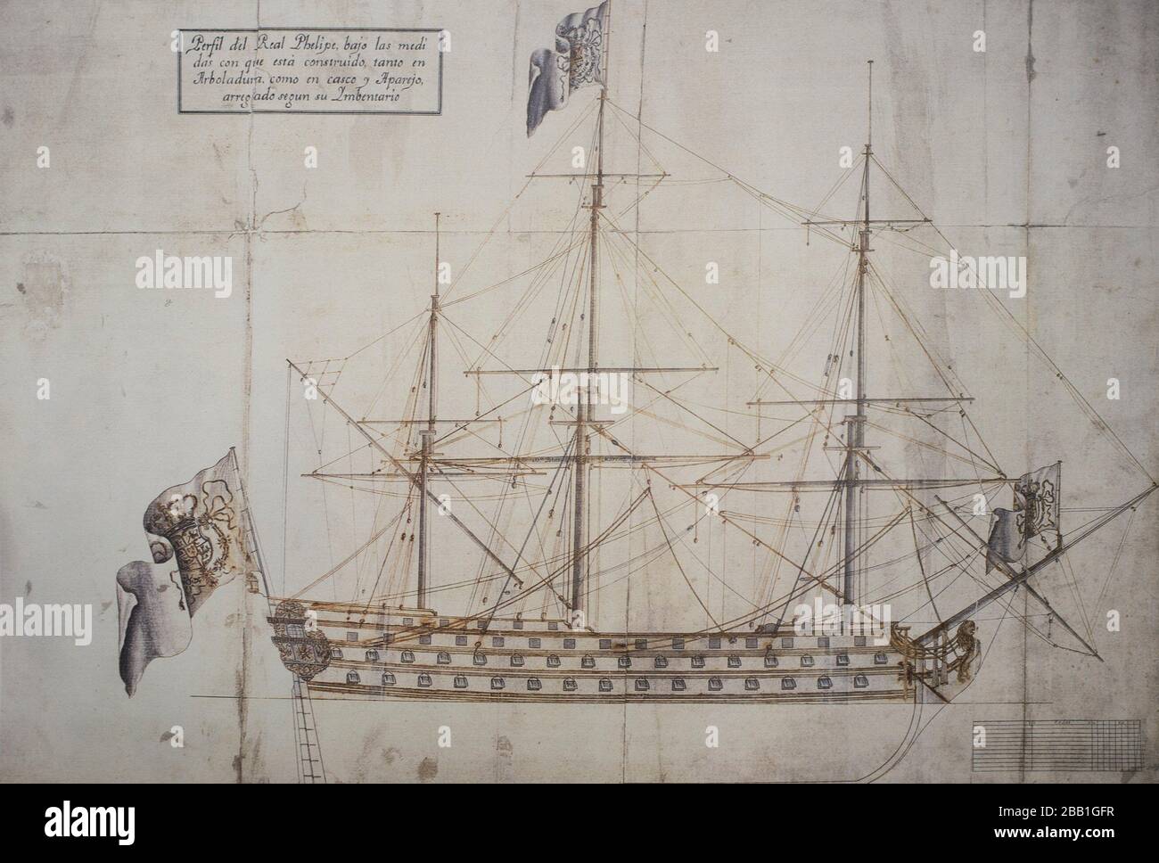 Real San Felipe ship profile. 18th Century spanish naval warship. Stock Photo