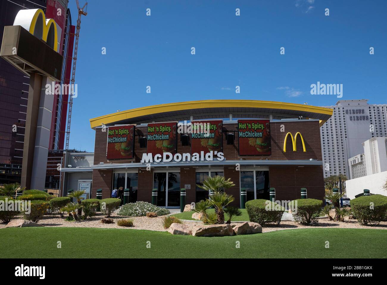 General view of a McDonalds along the Las Vegas Strip amid the global coronavirus COVID-19 pandemic, Monday, March 23, 2020, in Las Vegas. (Photo by IOS/Espa-Images) Stock Photo