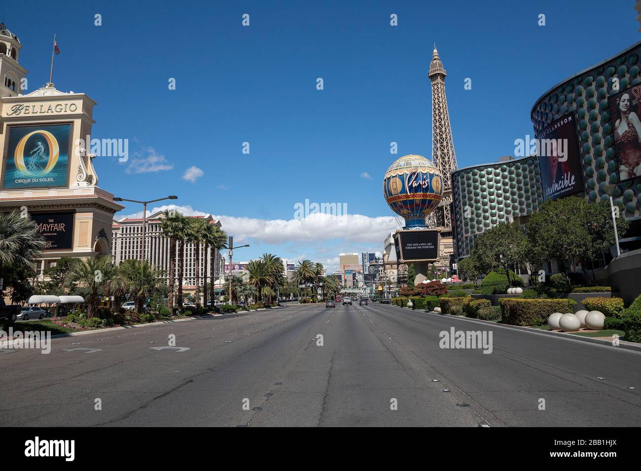 General view of an empty Las Vegas Strip amid the global coronavirus COVID-19 pandemic, Monday, March 23, 2020, in Las Vegas. (Photo by IOS/Espa-Images) Stock Photo