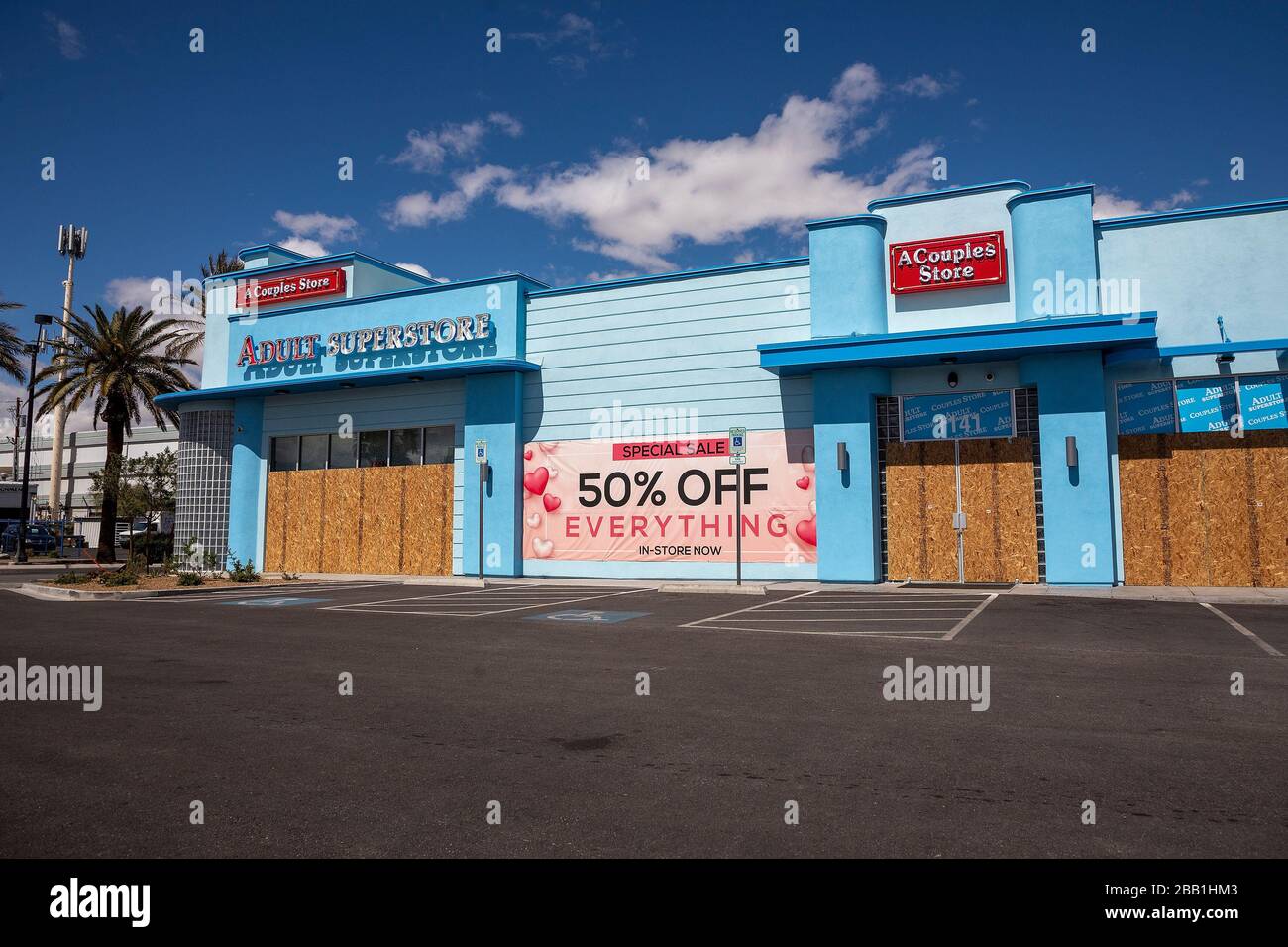 General view of a boarded up adult store amid the global coronavirus  COVID-19 pandemic, Monday, March 23, 2020, in Las Vegas. (Photo by  IOS/Espa-Images Stock Photo - Alamy