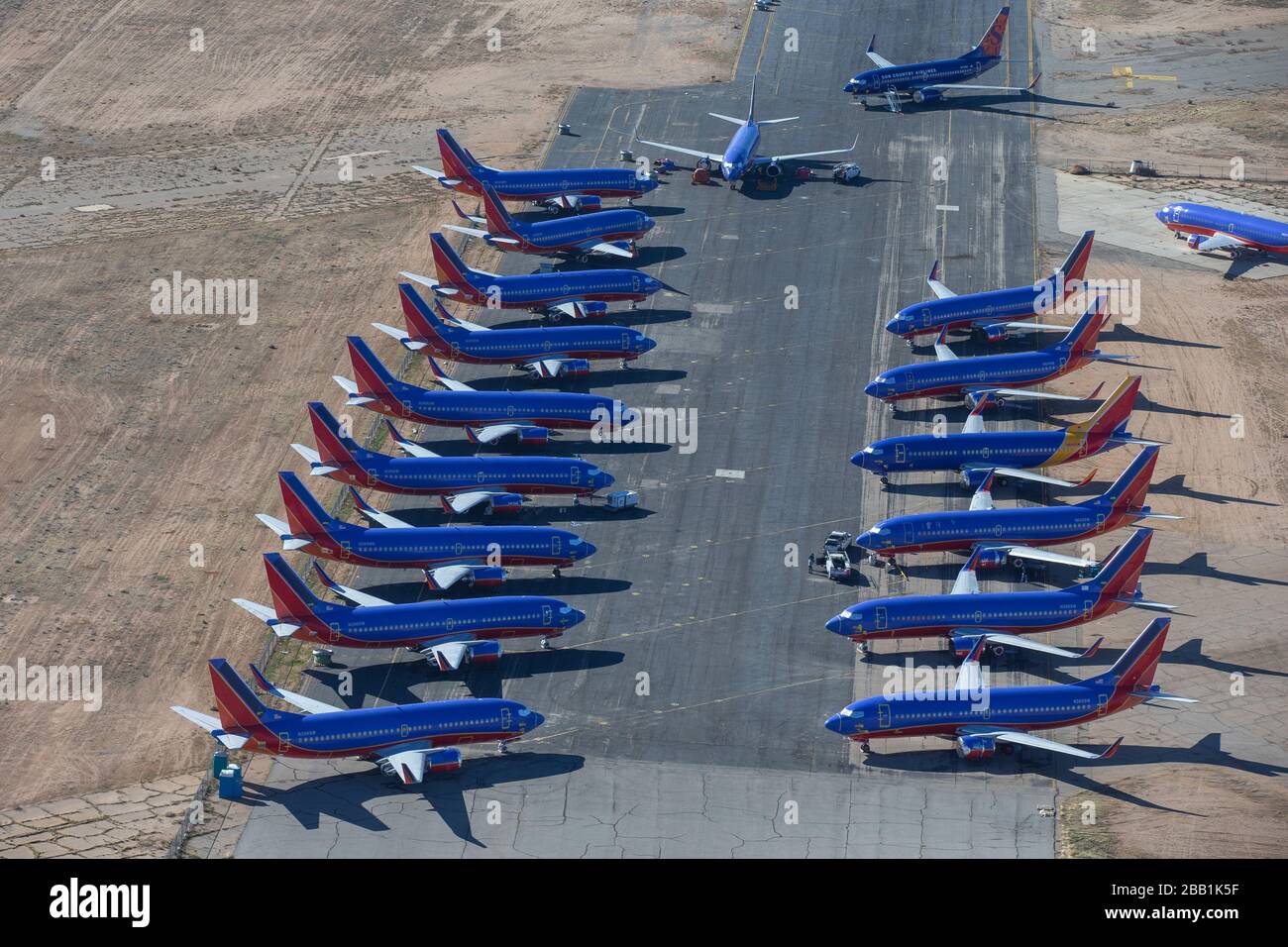 Southwest Airlines Boeing Max 737-8 are seen stored at Southern California Logistics Airport on Friday, January 10, 2020 in Victorville, California, USA. (IOS/ESPA-Images) (Photo by IOS/Espa-Images) Stock Photo