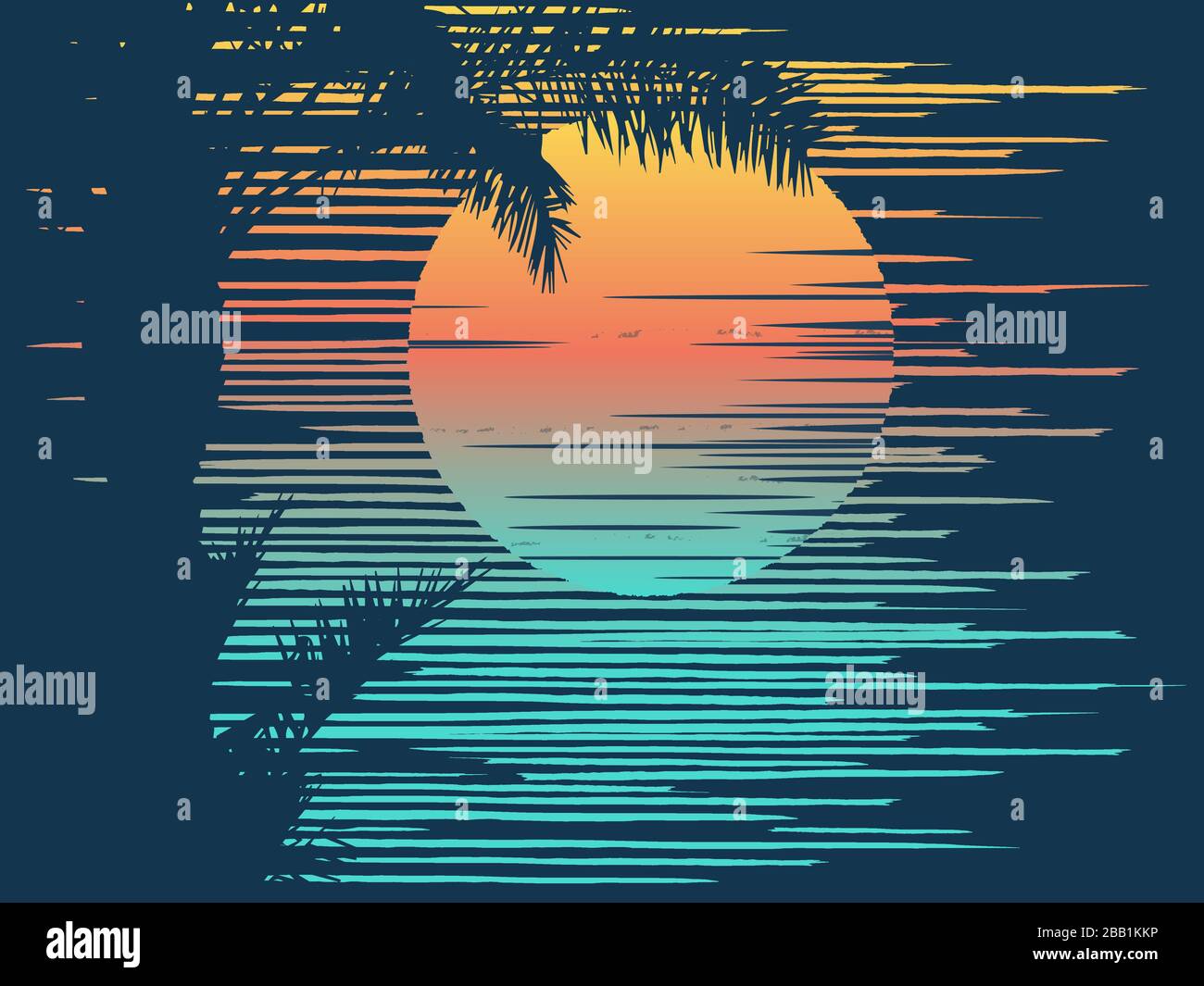 Sunset on tropical beach with palm tree. Sun on evening sea. Vector ...