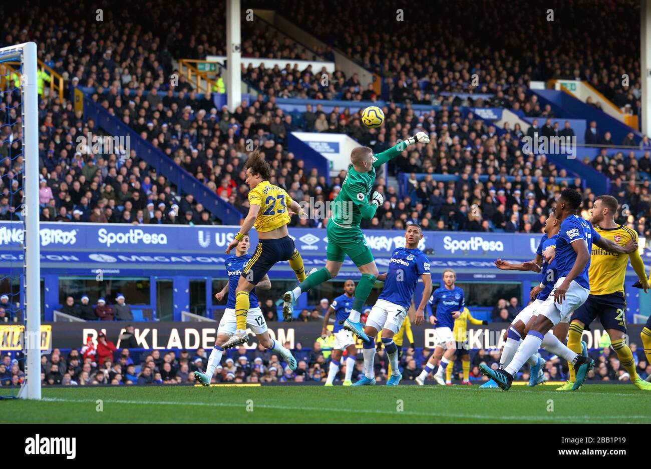 Everton Goalkeeper Jordan Pickford centre Saves A Shot On Goal Stock Everton Goalkeeper Jordan Pickford centre Saves A Shot On Goal Stock