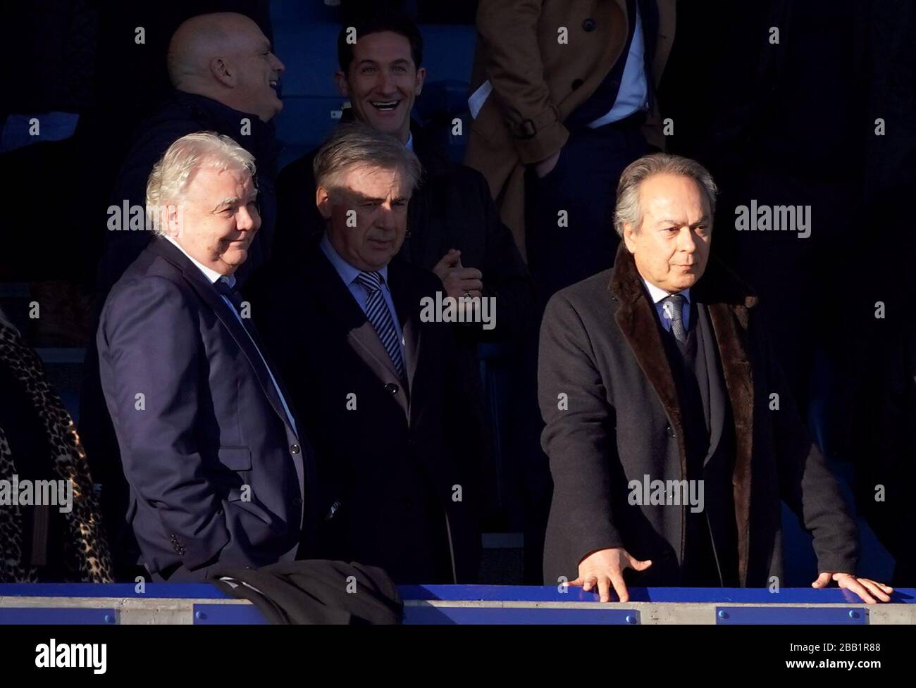 Chairman of Everton football club Bill Kenwright (left) with manager Carlo Ancelotti (centre) and owner Farhad Moshiri (right) Stock Photo