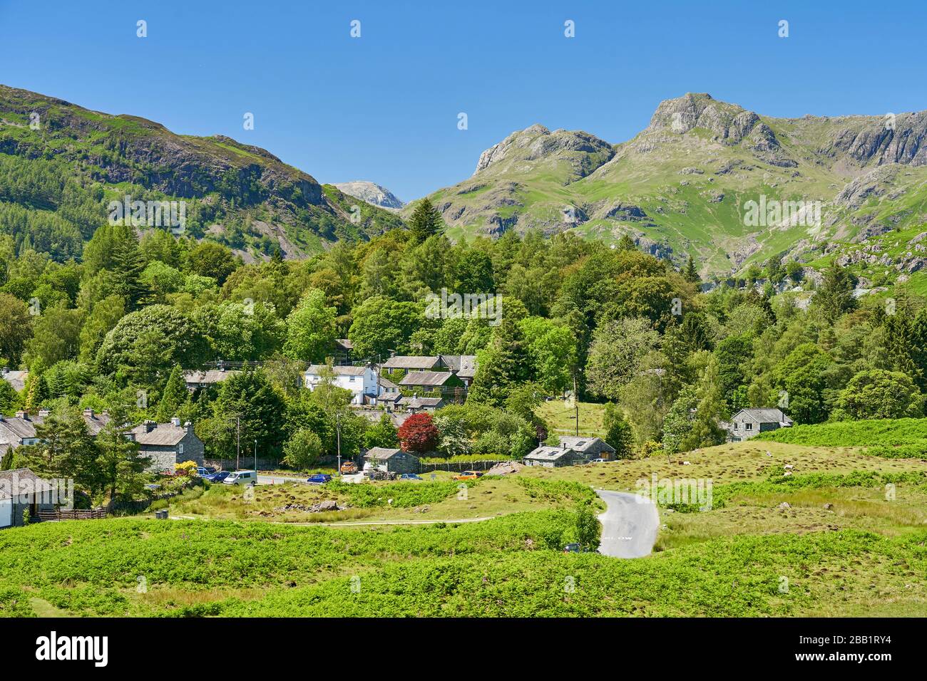 Elterwater with Langdale Pikes in the background Lake District Cumbria England Stock Photo