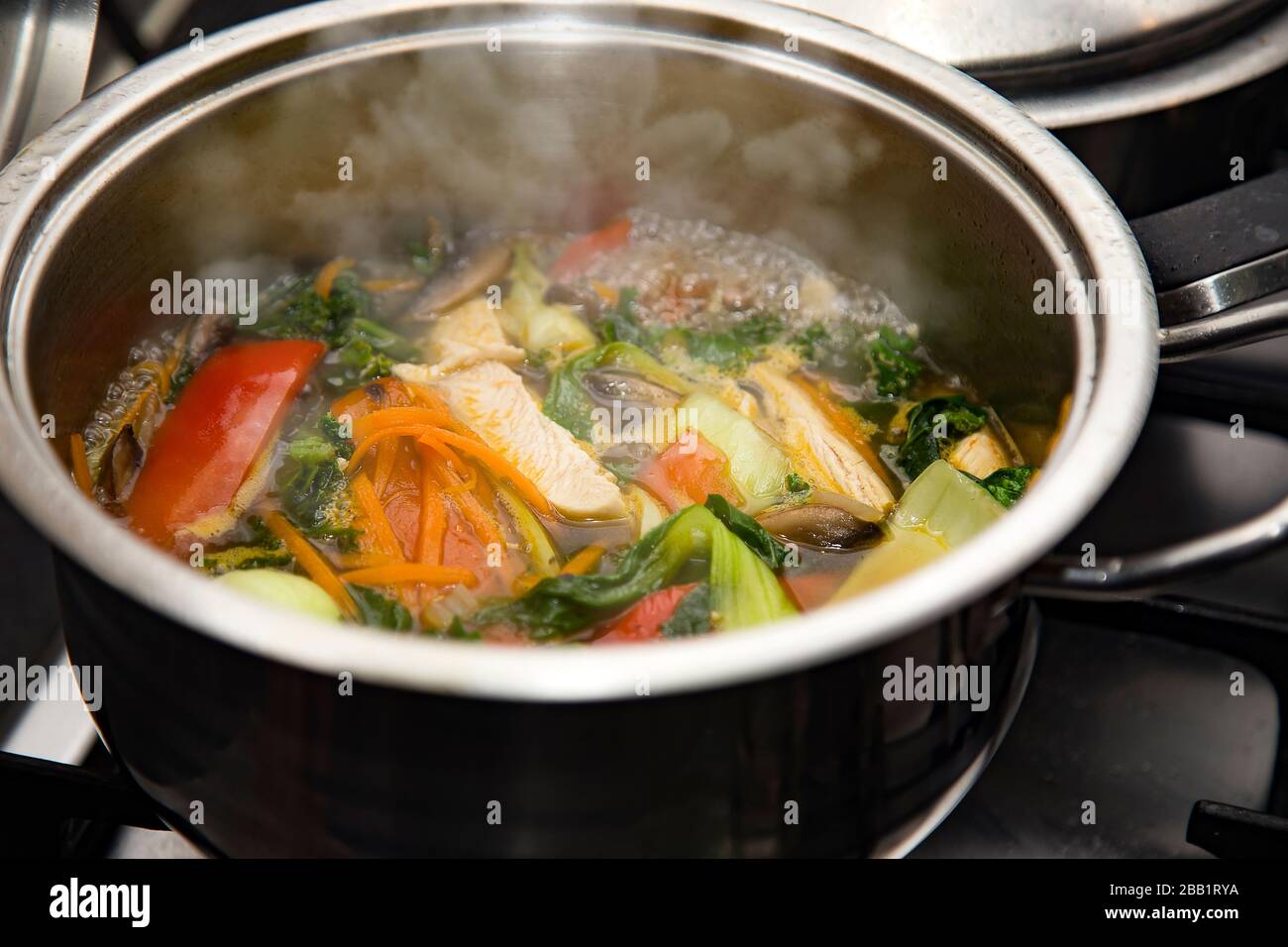 Chinese hot pot soup with peppers, carrots, bok choy and chicken