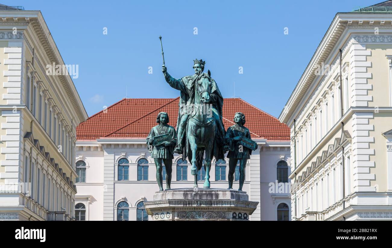 Front view of the so-called Reiterdenkmal. The memorial shows King Ludwig I (König Ludwig I.) riding a horse. It was unveiled in 1862. Stock Photo
