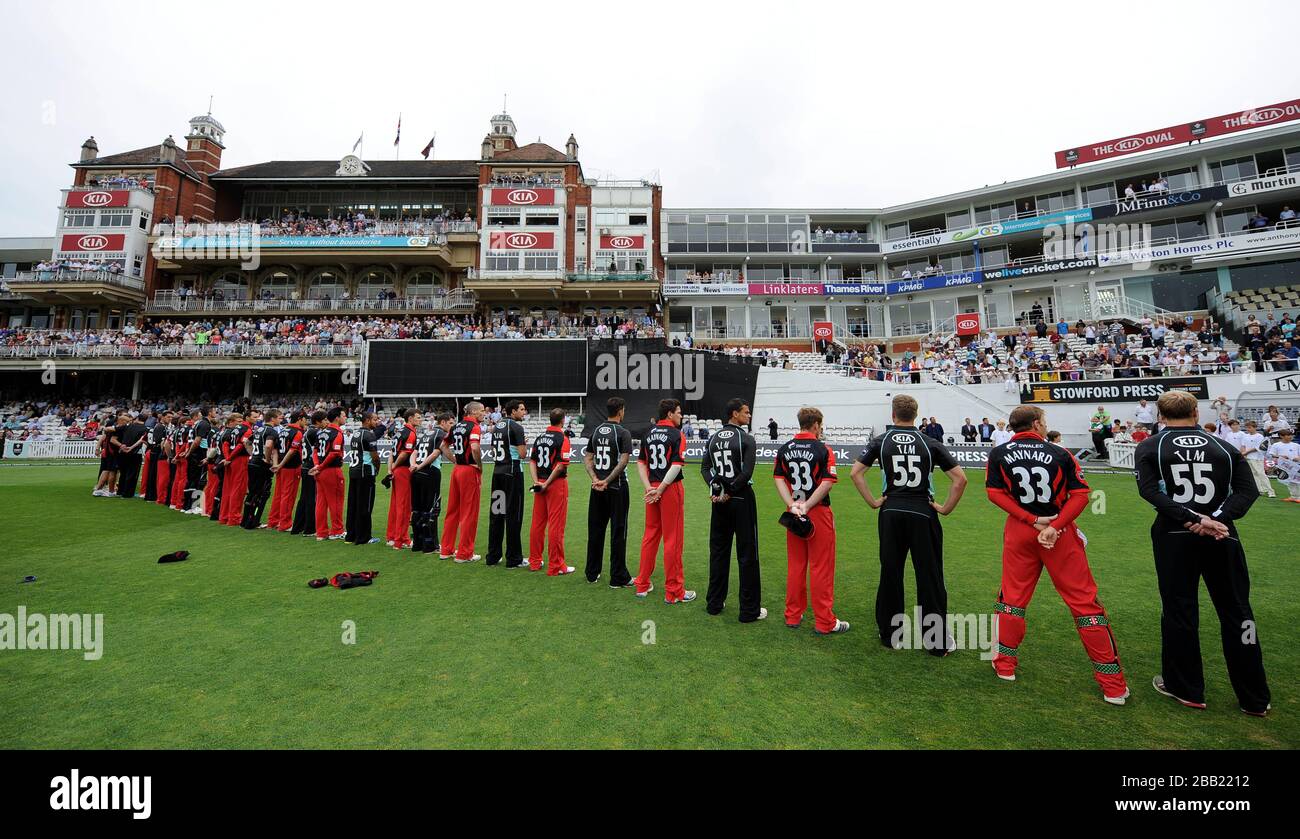 Surrey and Glamorgan players line before the game sporting Tom Maynard number/names shirts. Stock Photo