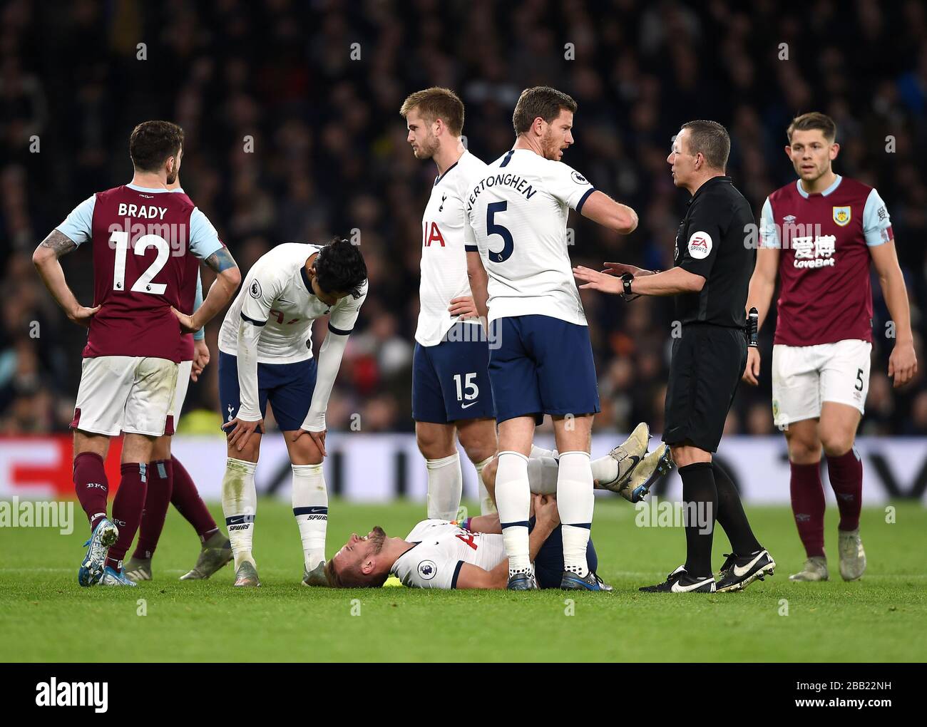 Tottenham Hotspur's Harry Kane (left) appears injured Stock Photo