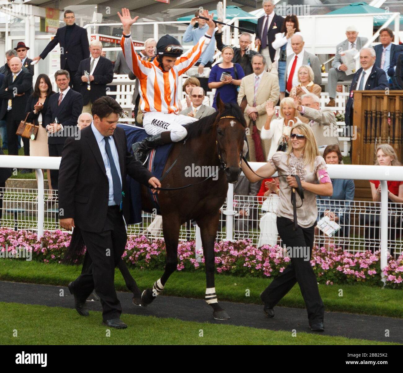 William Buick celebrates as he enters the winners enclosure after winning The Coolmore Nunthorpe