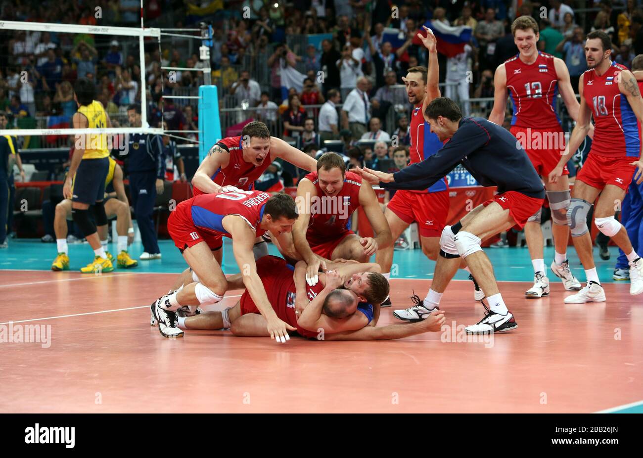 Russia celebrate beating Brazil in  the Men's Volleyball Gold  Medal Match at London's Earl Court during the final day of the London 2012 Olympics Stock Photo