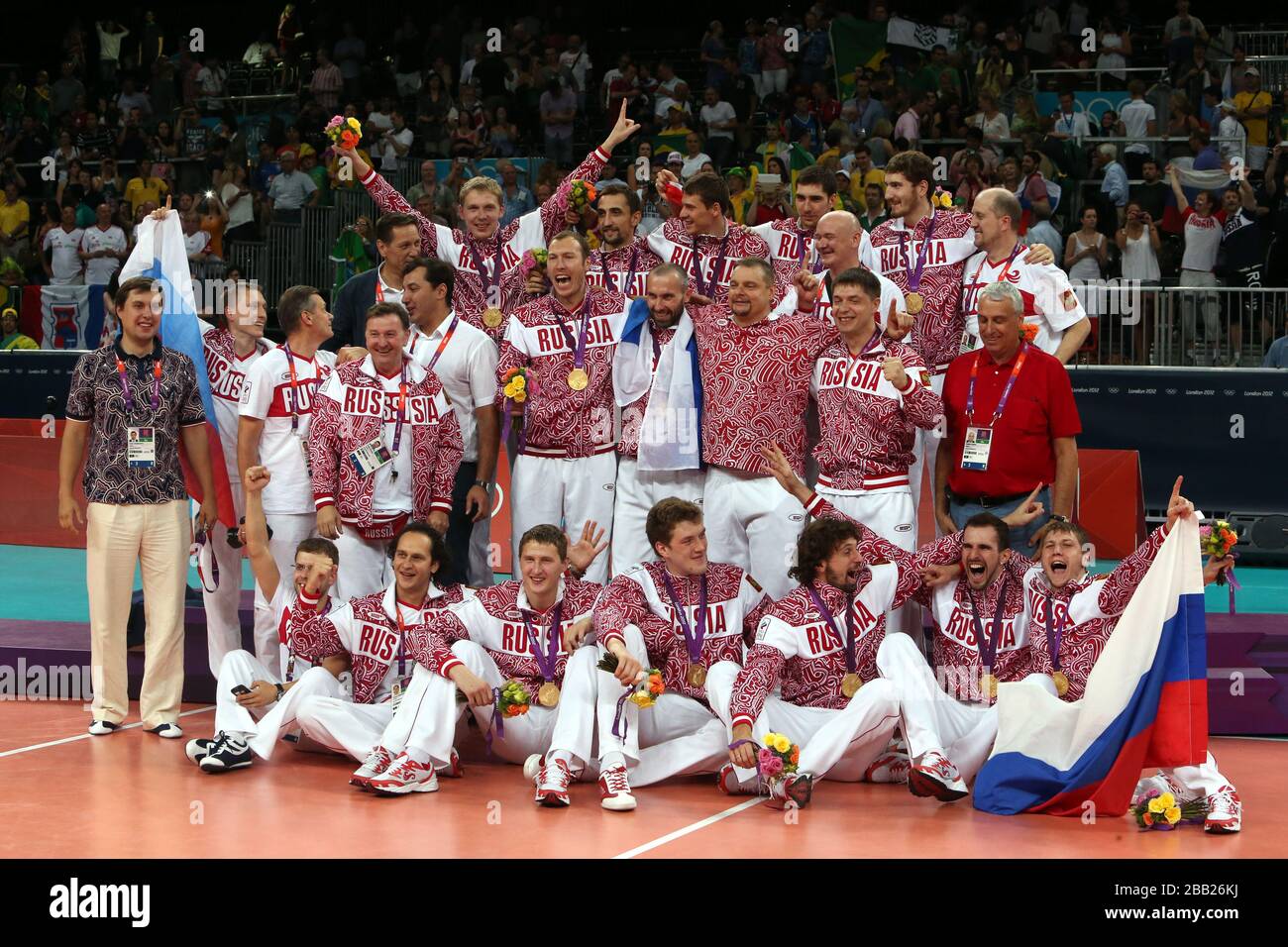 Russia celebrate beating Brazil in the Men's Volleyball Gold Medal Match at London's Earl Court during the final day of the London 2012 Olympics. Stock Photo