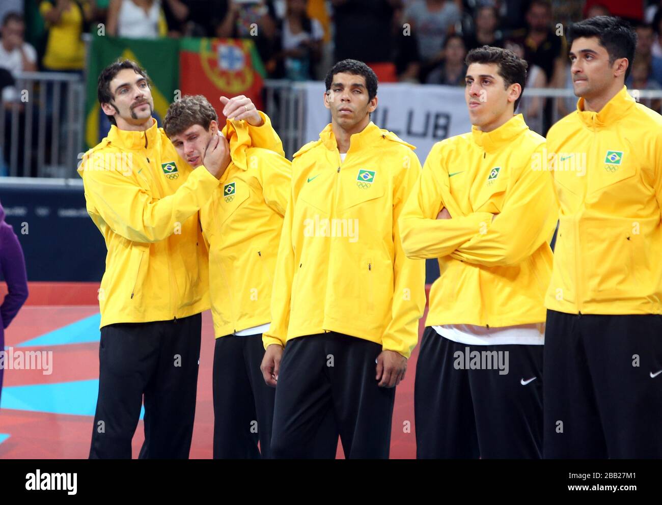 Members of the Brazil team at the Victory Ceremony after loosing to   Russia in the Men's Volleyball Gold Medal Match, at London's Earl Court during the final day of the London 2012 Olympics. Stock Photo