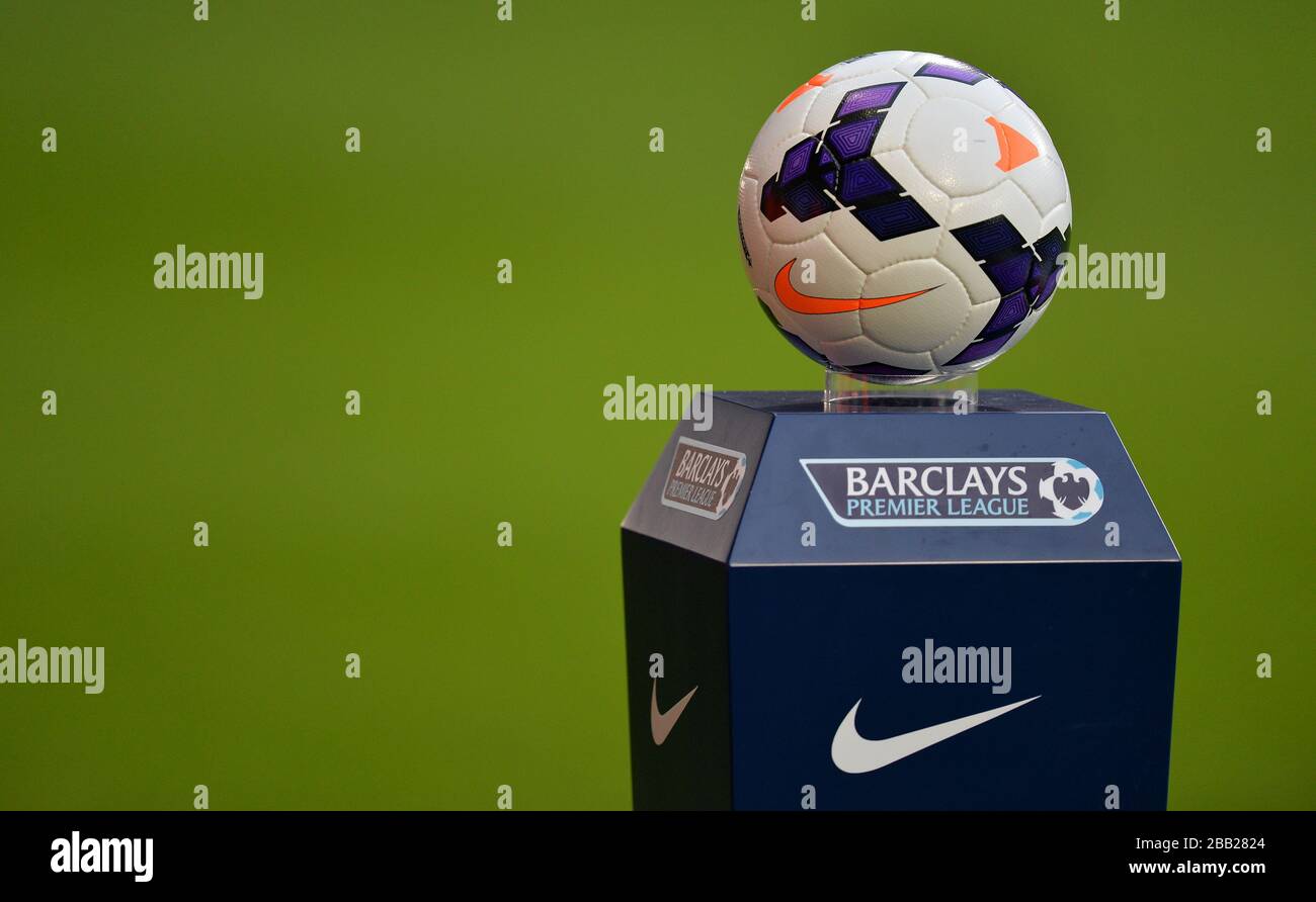 General view of an offcial Nike Barclays Premier league match ball on a  podium pitch-side before kick off Stock Photo - Alamy