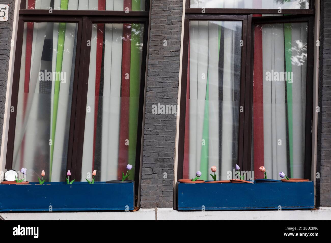 Artificial plastic tulips in pots on a window sill in Amsterdam, Netherlands. Stock Photo