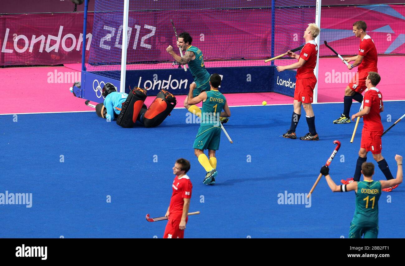 Australia's Kieran Glovers turns to celebrate after scoring in the Men