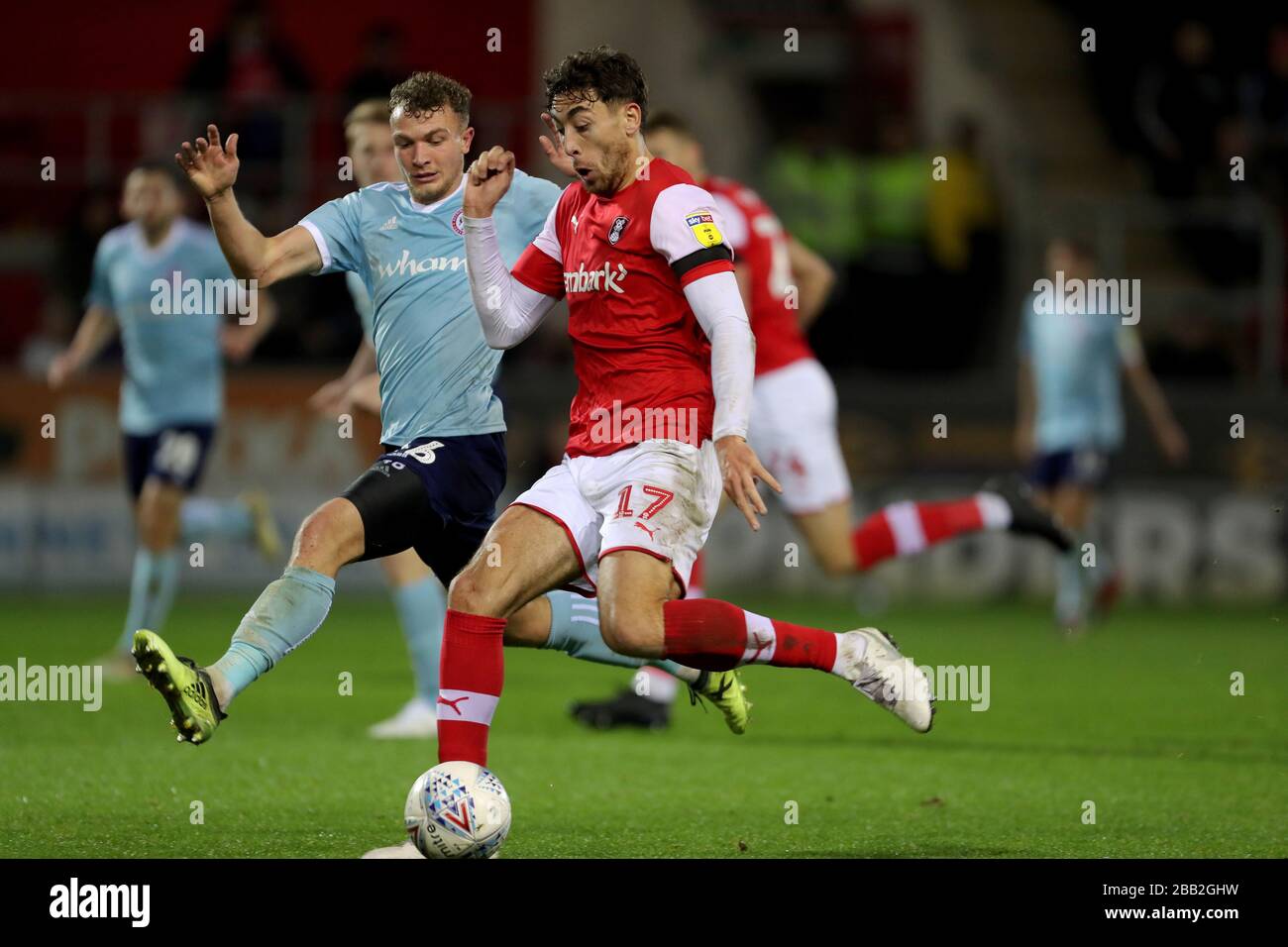 Rotherham United's Matt Crooks ad Accrington Stanley's Ben Barclay Stock Photo