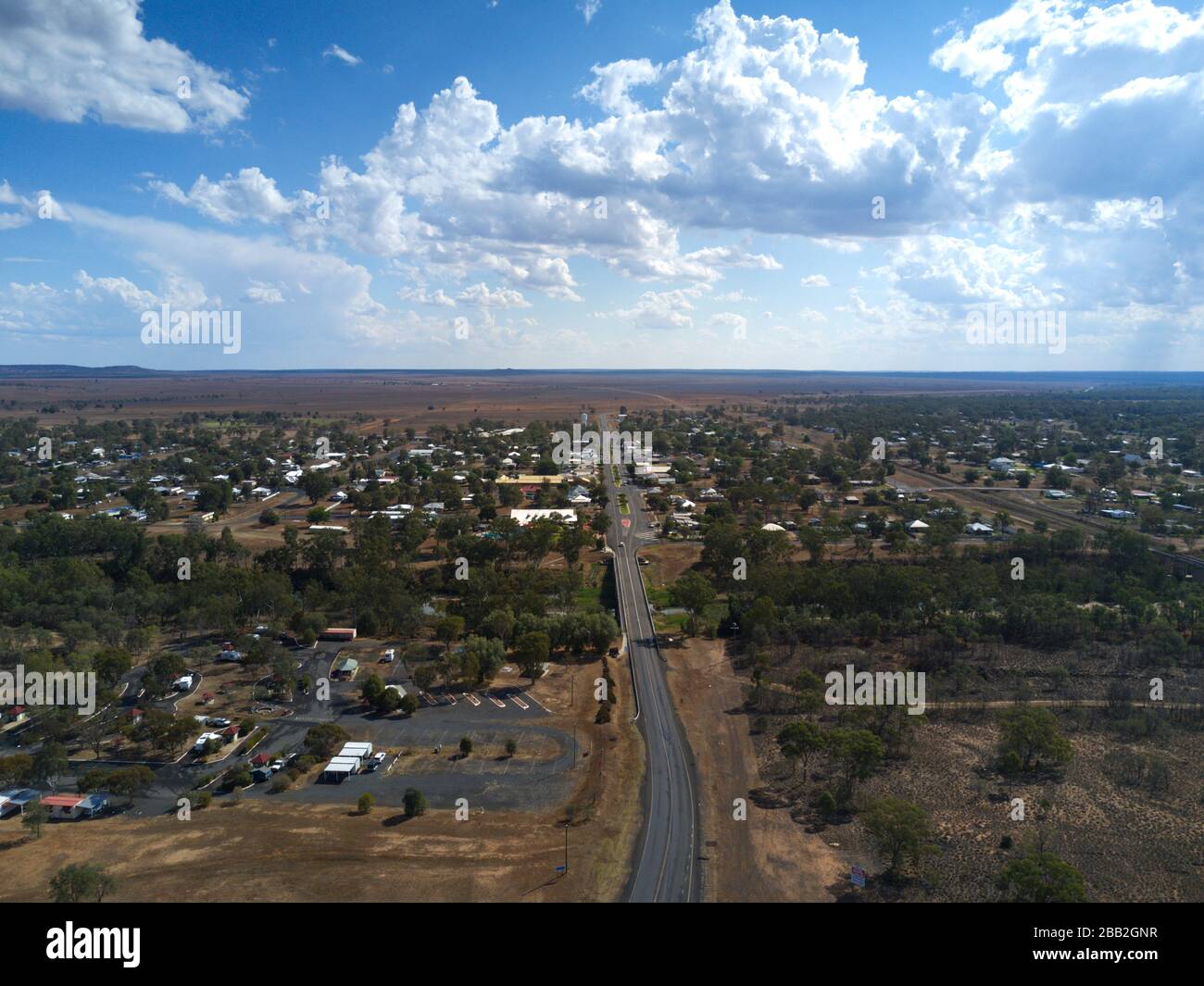 Aerial of the town of Mitchell on the banks of the Maranoa River ...