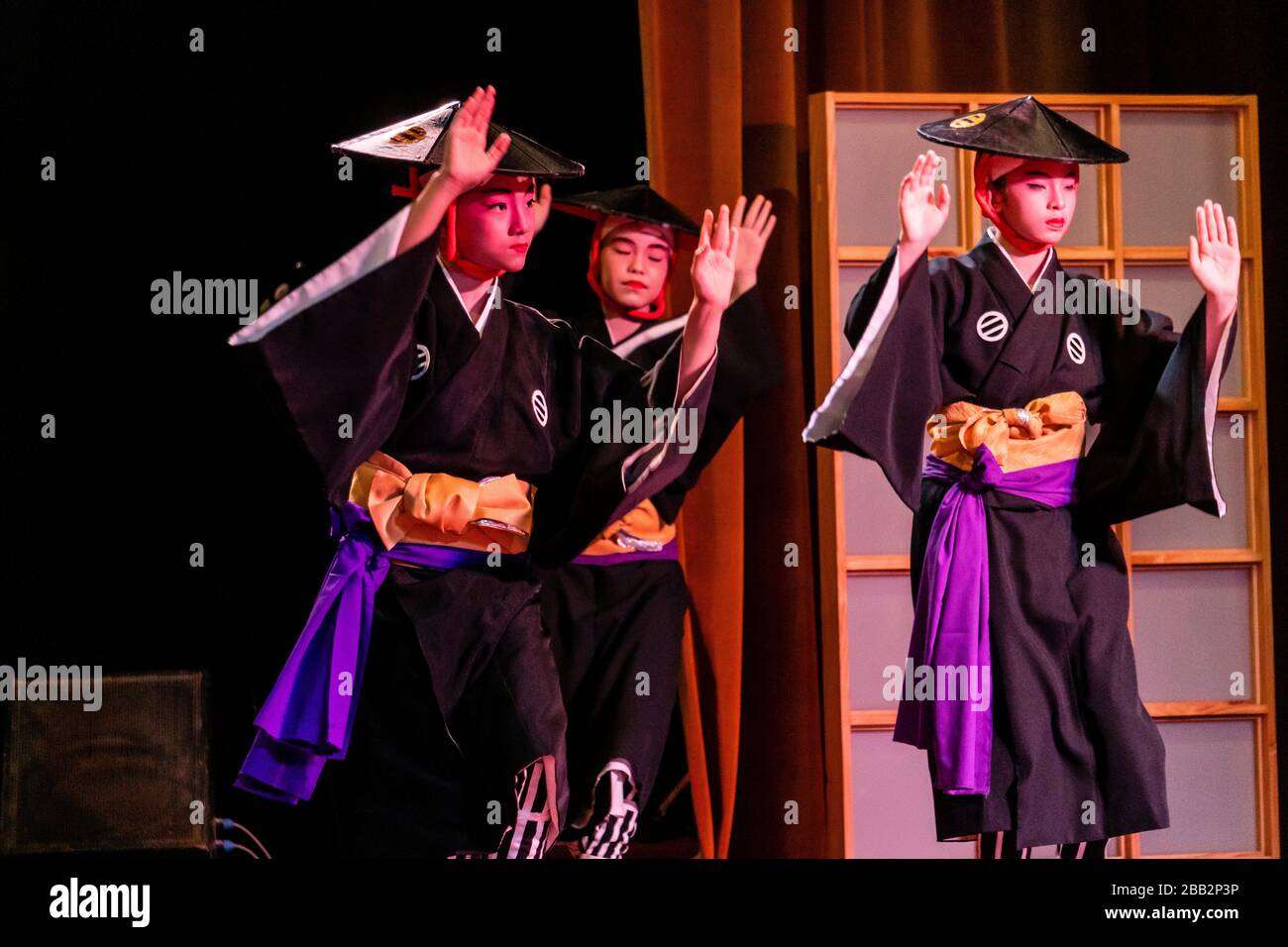 Traditional Okinawan dances at the Okinawan Association of Peru, Lima city. Stock Photo