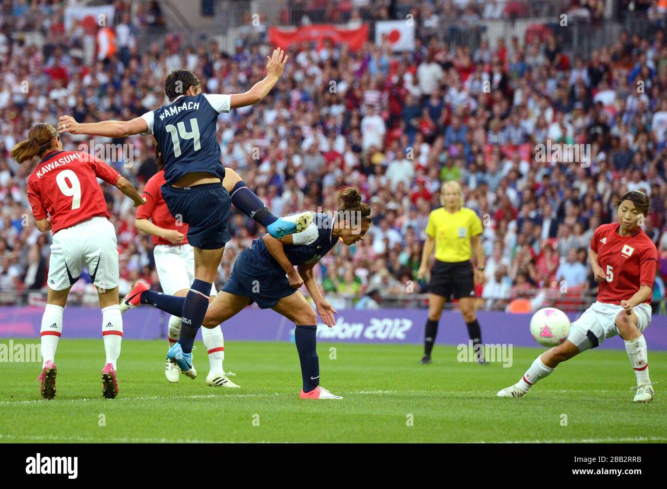USA's Carli Lloyd scores the opening goal during the women's football