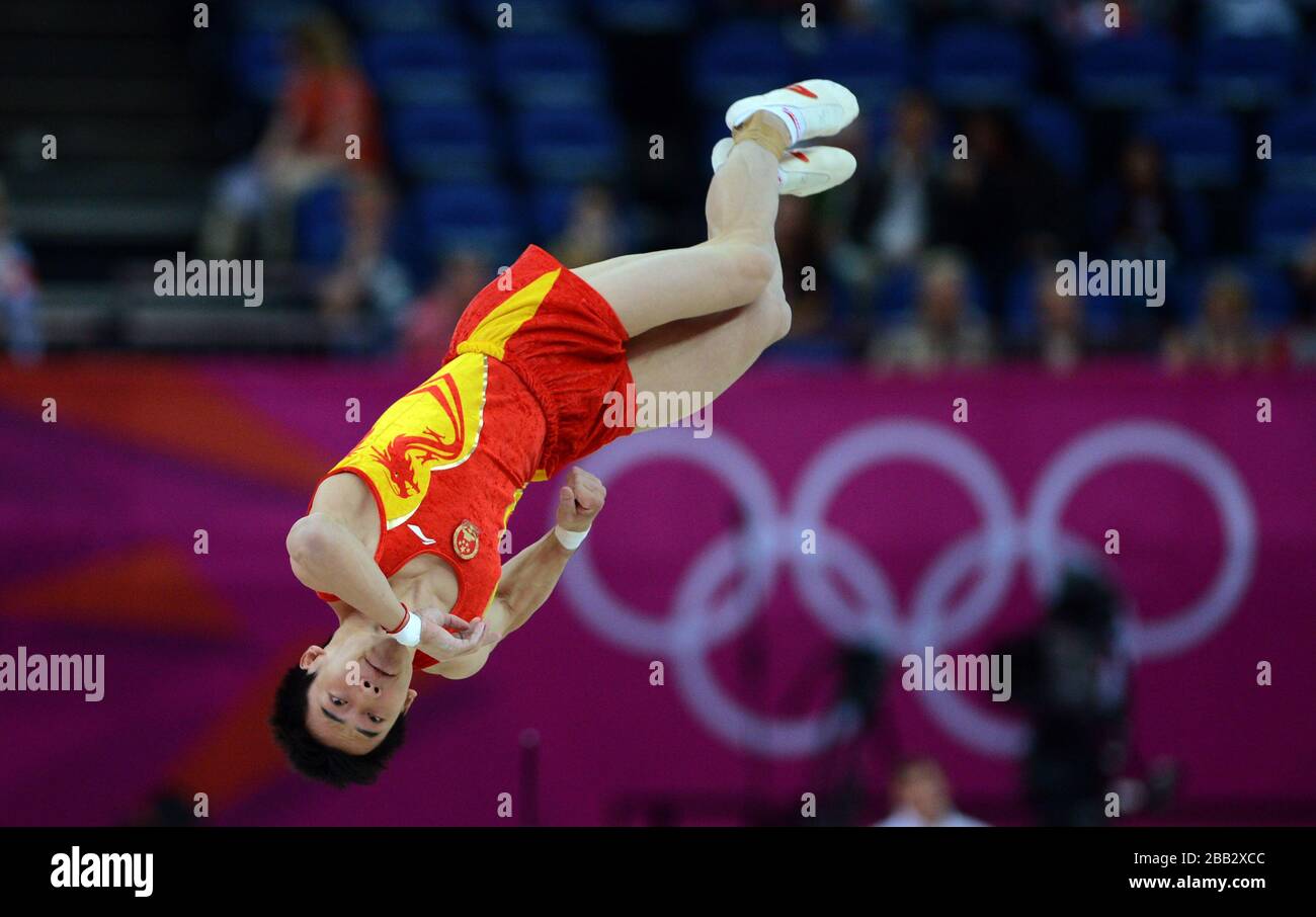 China's Kai Zou competes during the Artistic Gymnastics men's Floor final at the North Greenwich Arena, London Stock Photo