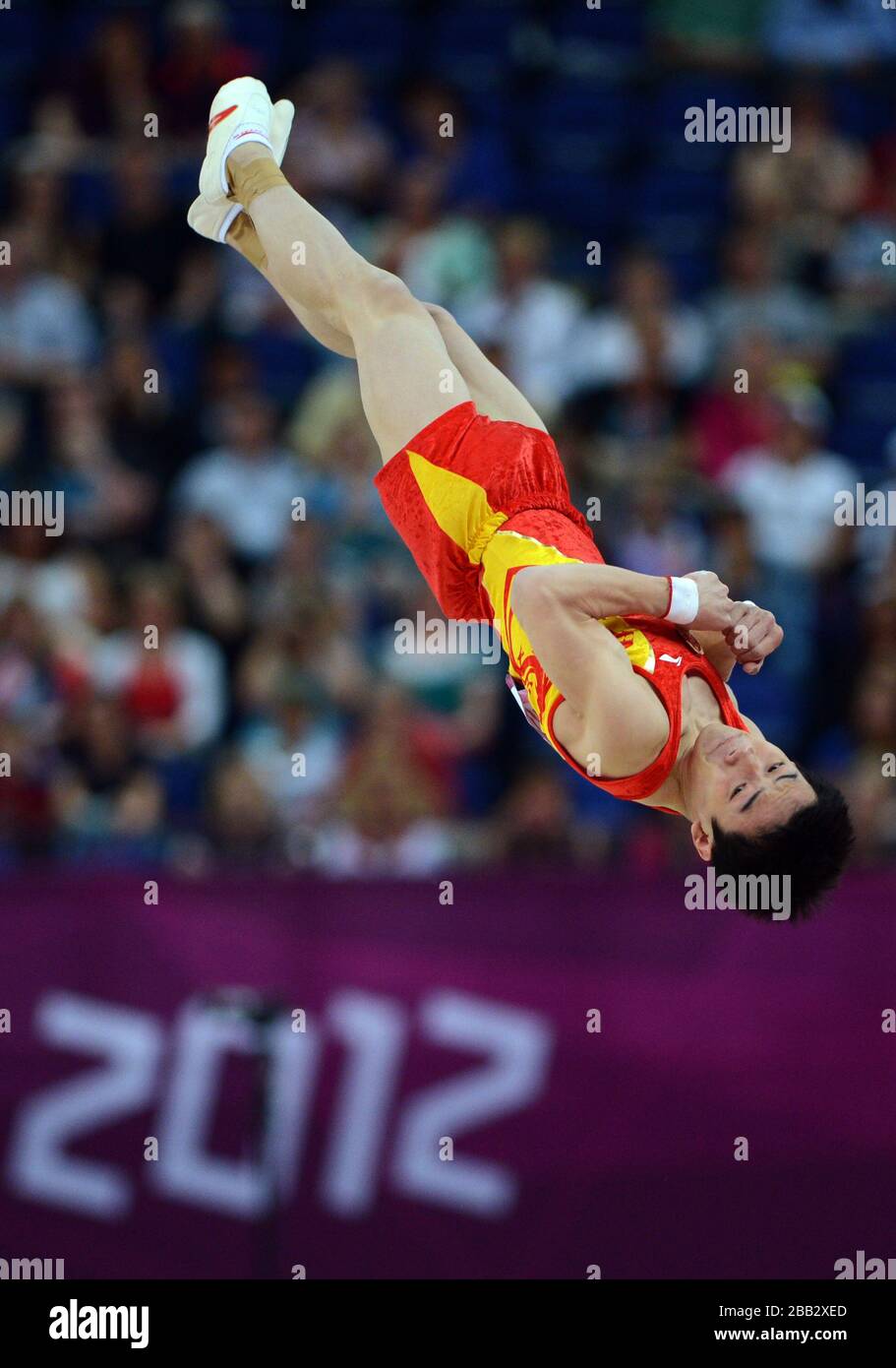 China's Kai Zou competes during the Artistic Gymnastics men's Floor final at the North Greenwich Arena, London Stock Photo