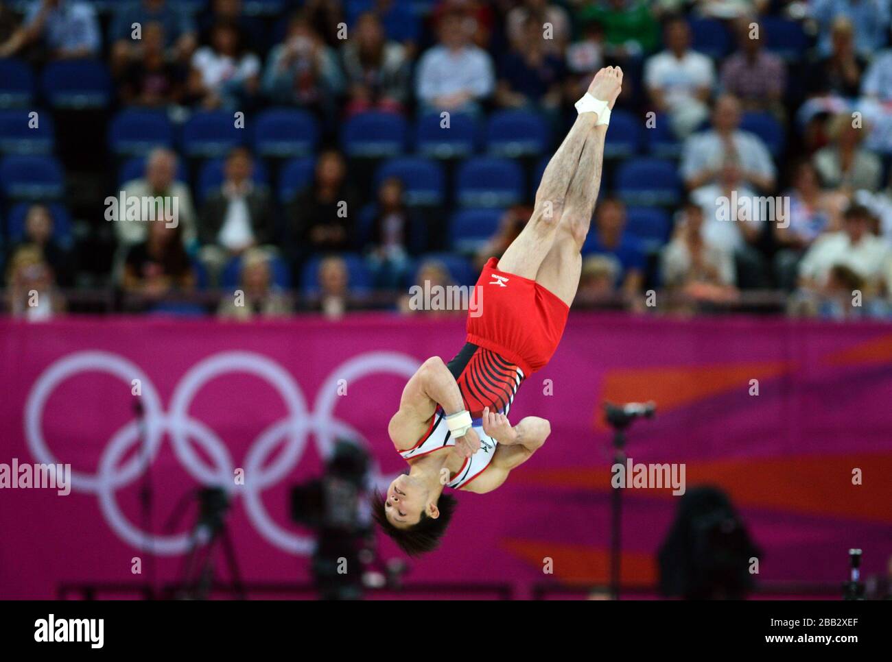 Japan's Kohei Uchimura competes during the Artistic Gymnastics men's Floor final at the North Greenwich Arena, London Stock Photo